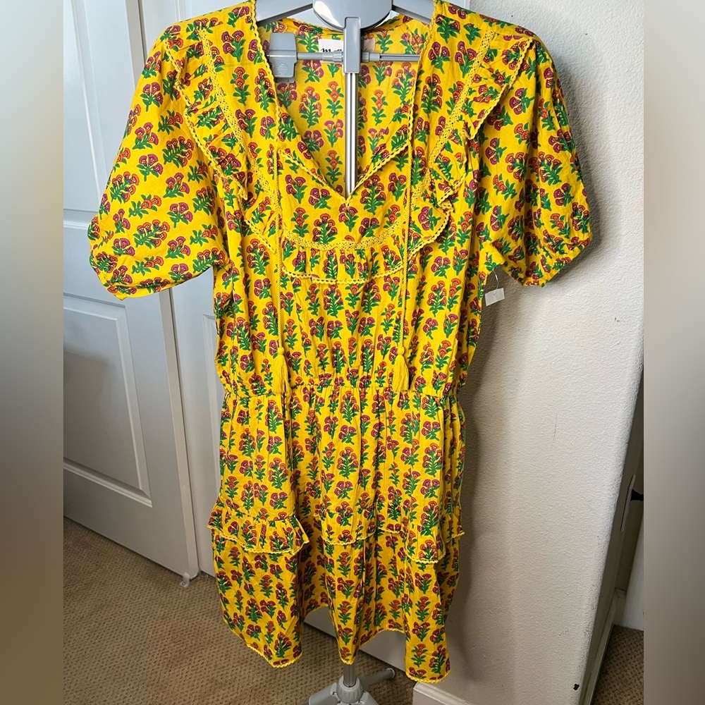 Maisie Tie Neck Floral Mini Dress Size Large Yellow Floral 100% Cotton